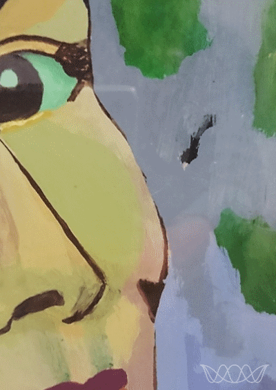 Ausschnitt eines gemalten Selbstporträts von Regina Steck. Nase, Mund, türkisfarbenes Auge. Farben grün und violett vorherrschend. Foto Regina Steck